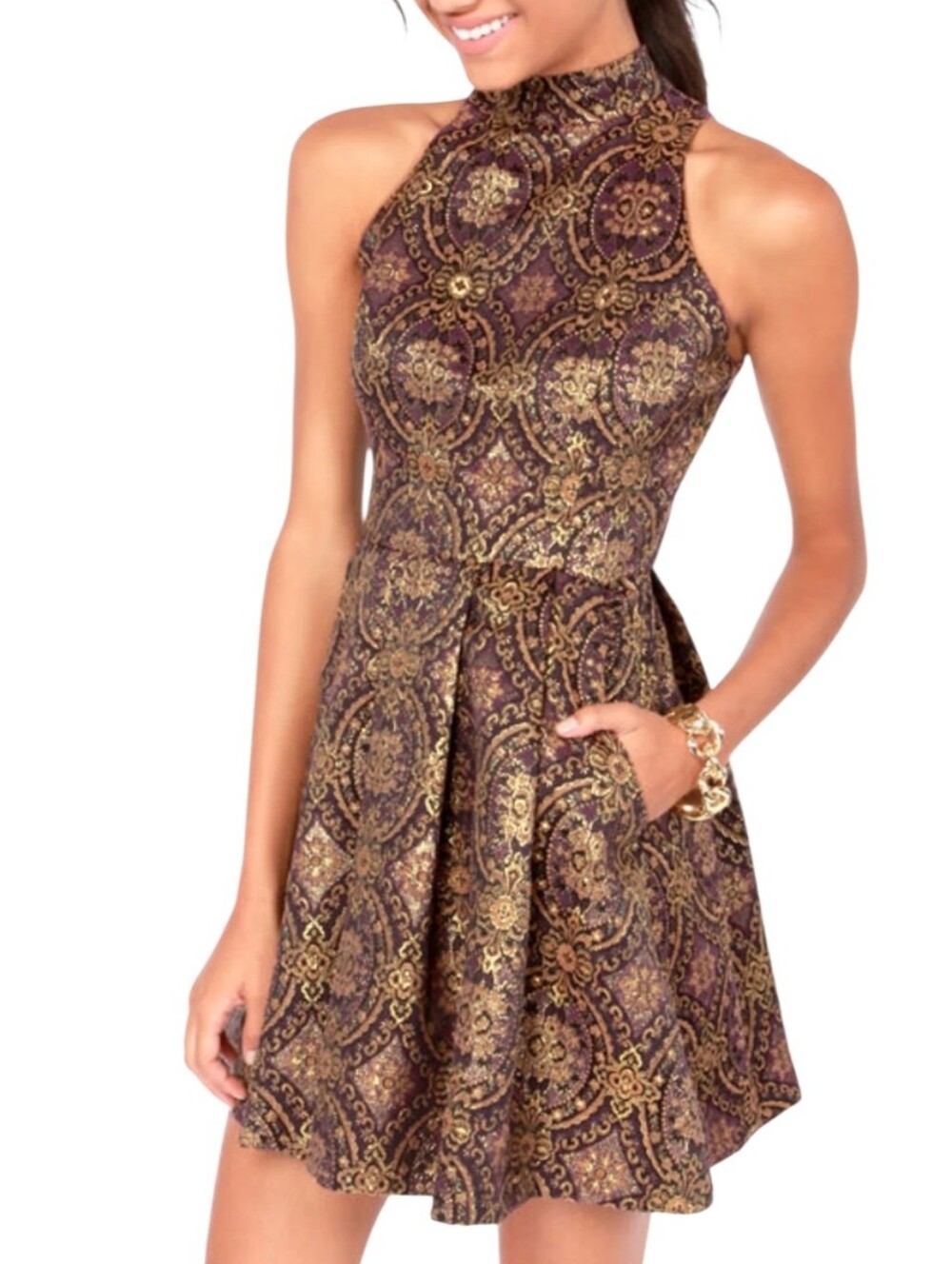 Nwot BB Dakota Barker Purple & Gold Metalic Brocade Sleeveless Mini Dress